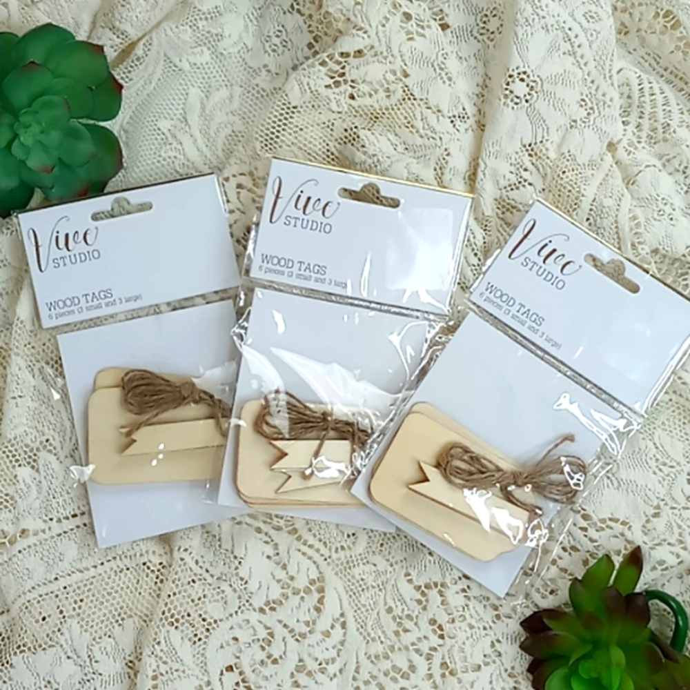 Lot of 3 Packages Vive Studios Wooden/Jute Tags 6 Pieces Each Total 18 Tags NWT